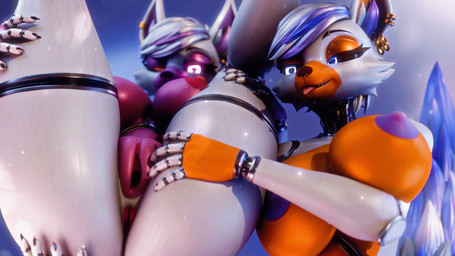 anthro anus areola bangs big_breasts blue_background blue_eyes blue_hair breasts butt dark_areola dark_nipples duo ear_piercing ear_ring eyebrow_piercing facial_piercing female female/female genitals glistening glistening_body glistening_hair glowing glowing_eyes hair half-closed_eyes hand_on_another's_butt hand_on_butt heart_pupils inner_ear_fluff intraspecies legs_up looking_at_viewer looking_down machine narrowed_eyes nipples nose_piercing nude nude_anthro nude_female one_eye_closed piercing pink_anus pink_eyes purple_areola purple_nipples red_areola red_nipples ring_piercing short_hair simple_background spread_legs spreading swept_bangs tail thick_thighs tongue tongue_out tuft vulva white_body white_hair mrs_dexie mayosplash_(modeler) five_nights_at_freddy's five_nights_at_freddy's_2 five_nights_at_freddy's_world scottgames lolbit_(fnaf) mangle_(fnaf) animatronic canid canine fox mammal robot robot_anthro 16:9 3d_(artwork) 4k absurd_res digital_media_(artwork) hi_res widescreen