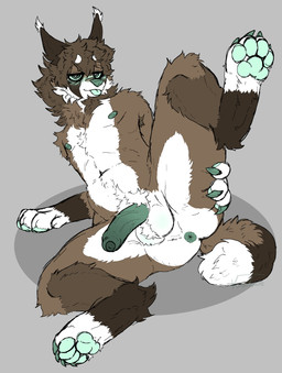 4_toes anthro anus armpit_tuft balls blep blush body_hair claws ear_tuft erection feet fluffy foreskin fur genitals green_anus green_blush green_body green_eyes green_inner_ear green_nose green_pawpads green_penis green_skin green_tongue happy_trail holding_leg holding_own_thigh holding_thigh humanoid_genitalia humanoid_penis lying male mane multicolored_body multicolored_fur nipples on_side pawpads paws penis smug_eyes solo toe_claws toes tongue tongue_out tuft kiwikwe kiwi_(kiwikwe) canid canine canis caracal caracal_(genus) felid feline hybrid mammal wolf absurd_res hi_res