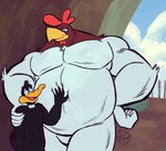 anthro beak black_body black_feathers chest_tuft duo feathers fence hand_on_belly hand_on_hip leaning_on_tree male male/male overweight overweight_male size_difference tuft white_body white_feathers yellow_beak jasperthecrab looney_tunes warner_brothers daffy_duck foghorn_leghorn anatid anseriform avian bird chicken duck galliform gallus_(genus) phasianid