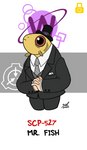 barbel_(anatomy) big_eyes biped black_text clothed clothing fingers for_a_head gills grey_necktie hat head_gills headgear headwear humanoid_hands lock_symbol logo male necktie pattern_necktie purple_text red_eyes red_text simple_background solo standing striped_necktie suit text top_hat white_background yellow_lock_symbol zal-cryptid scp_foundation scp-527 animal_head animal_humanoid cyprinid cypriniform fish fish_humanoid gold_barb humanoid marine marine_humanoid 2022 artist_name character_name colored dated digital_drawing_(artwork) digital_media_(artwork) english_text hi_res signature