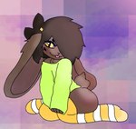 accessory anthro big_ears brown_body brown_fur brown_hair butt clothing femboy fur green_clothing hair hair_accessory legwear male scut_tail short_tail simple_background solo tail thigh_highs yellow_eyes skydev dappoyo_(skydev) lagomorph leporid mammal 2023 hi_res