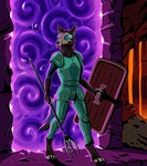 2022 abyssal_wolf anthro armor blue_eyes brown_body brown_fur cel_shading detailed_background diamond_armor digital_drawing_(artwork) digital_media_(artwork) digitigrade fur glowing glowing_eyes hi_res holding_object holding_shield holding_weapon lava lavafall looking_aside lucian_(forestmaster) male melee_weapon microsoft minecraft mitokep mojang nether_portal polearm portal shaded shield solo stalactite standing text the_nether_(minecraft) trident url weapon xbox_game_studios