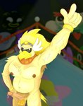 anthro armpit_hair beak black_eyes bodily_fluids body_hair bracelet crowd erection fighting_ring fur genital_fluids gesture group hand_gesture high-angle_view jewelry male musclegut muscular necklace pointing pointing_up precum pubes solo tail wings yellow_body yellow_fur mariojoe11 mario_bros nintendo paper_mario paper_mario:_the_thousand_year_door rawk_hawk accipitrid accipitriform avian bird 2024 hi_res