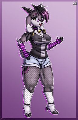 anthro big_breasts black_hair bottomwear breasts clothing collar cowbell ear_piercing ear_ring eyewear female fingerless_gloves fishnet_clothing fishnet_leggings fishnet_legwear glasses gloves hair handwear hooves horn leggings legwear open_mouth piercing ring_piercing shirt shorts solo text thick_thighs topwear yellow_eyes viroveteruscy if_hell_had_a_taste lizzie_carvine bovid caprine goat mammal 2025 absurd_res digital_media_(artwork) hi_res url