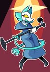 anthro blue_clothing blue_dress clothed clothed_anthro clothed_female clothing dress electronics female fingers front_view holding_microphone holding_object machine microphone microphone_stand plug small_waist smile solo tail yellow_eyes cloudidoodles deltarune undertale_(series) tasque_manager darkner felid feline mammal robot 2022 absurd_res digital_drawing_(artwork) digital_media_(artwork) full-length_portrait hi_res portrait