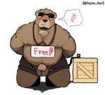 angry anthro balls belly blush bodily_fluids bottomwear bound brown_body brown_fur clothing fur genital_fluids genitals kemono male moobs nipple_piercing nipples overweight overweight_anthro overweight_male penis piercing precum shorts simple_background solo submissive submissive_male text white_background hagom bear mammal 2020 english_text