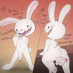 anthro backsack balls blush bodily_fluids butt chest_tuft dialogue flaccid foreskin fur genital_fluids genitals humanoid_genitalia humanoid_penis male nude penis penis_tuck precum sharp_teeth solo teeth text tuft white_body white_fur chunknudies sam_and_max max_(sam_and_max) lagomorph mammal english_text hi_res