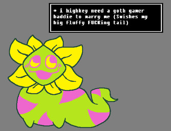 blush feral green_body green_tail pink_body pink_eyes pink_tail smile solo speech_box tail text yellow_body yellow_petals yellow_sclera codi3k deltarune undertale_(series) chapter_5_darkner darkner floradinn english_text