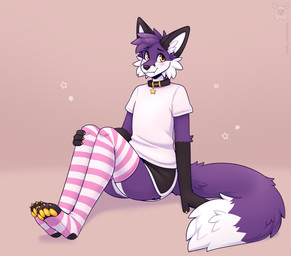anthro arm_support black_bottomwear black_clothing black_collar black_eyebrows black_markings black_nose black_shorts blush bottomwear cheek_tuft claws clothing collar cute_fangs dolphin_shorts eyebrows facial_tuft fangs femboy fur hair legwear looking_away male markings pattern_clothing pattern_legwear pattern_stockings pawpads purple_body purple_fur purple_hair shirt short_hair shorts simple_background sitting snout solo stockings striped_clothing striped_legwear striped_stockings stripes teeth topwear tuft white_body white_clothing white_fur white_shirt white_topwear yellow_claws yellow_pawpads fleurfurr canid canine fox mammal colored digital_drawing_(artwork) digital_media_(artwork) hi_res shaded