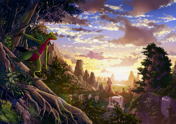 amazing_background ambiguous_gender anthro cloud day detailed_background grass leaf mountain plant rock scenery_porn sky solo sunset tree water waterfall karamimame nintendo pokemon generation_3_pokemon grovyle pokemon_(species) 2016 detailed hi_res