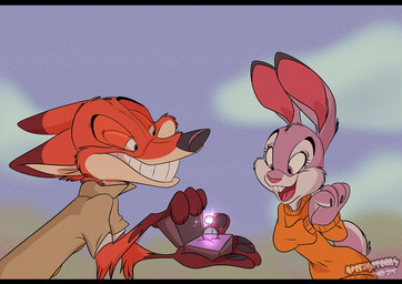 anthro box buckteeth clothing container digit_ring duo female fur green_eyes grey_body grey_fur jewelry male multicolored_body multicolored_fur open_mouth orange_body orange_fur purple_eyes ring shirt smile style_emulation sweater teeth text topwear two_tone_body two_tone_fur wedding_ring averagetoony disney zootopia judy_hopps nick_wilde canid canine european_rabbit fox lagomorph leporid mammal oryctolagus rabbit red_fox true_fox 2025 artist_name digital_media_(artwork)