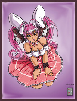 antenna_hair border bottomwear bracelet breasts cleavage clothed clothing d6 dice female hair jewelry kneeling looking_at_viewer pigtails pink_hair red_border ribbons skirt solo conditional_dnp fluff-kevlar di_gi_charat hikaru_usada animal_humanoid humanoid lagomorph lagomorph_humanoid leporid_humanoid mammal mammal_humanoid rabbit_humanoid digital_media_(artwork)