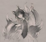 book breasts clothed clothing coin_purse dress female fur hair magic magic_user multi_tail reading sawitry simple_background smile solo spellbook tail anonymous_artist lily_moriya_(anayiara) canid canine fox humanoid mammal digital_drawing_(artwork) digital_media_(artwork) greyscale hi_res monochrome shaded sketch