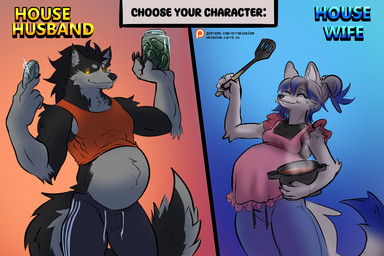 anthro apron clothing duo eyes_closed female food holding_food holding_object looking_at_viewer male pregnant pregnant_anthro pregnant_female pregnant_male simple_background three-quarter_view errokioslem kudrovski canid canine canis mammal wolf 3:2 half-length_portrait portrait