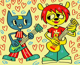 bass_guitar blonde_hair blue_body blue_fur clothed clothing crop_top duo electric_guitar fur guitar hair midriff musical_instrument plucked_string_instrument red_hair shirt string_instrument topwear yellow_body yellow_fur kewlbot parappa_the_rapper sony_corporation sony_interactive_entertainment um_jammer_lammy katy_kat lammy_lamb bovid caprine domestic_cat felid feline felis mammal sheep source_request