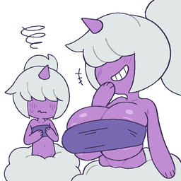 1_horn big_breasts blush breasts clothed clothing cloud comparing comparing_breasts duo embarrassed female female_humanoid flat_chested hair horn navel not_furry palmorph purple_body simple_background smile smirk split_form topwear tube_top white_background white_hair harddegenerate palworld pocketpair air_creature air_humanoid cloud_humanoid dazzi_(pal) elemental_creature elemental_humanoid horned_humanoid humanoid living_cloud pal_(species) 1:1 2024 digital_media_(artwork)
