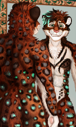 anthro biped fur green_eyes male mirror muscular muscular_anthro muscular_male solo gevual felid feline hybrid leopard mammal pantherine 3:5 absurd_res hi_res