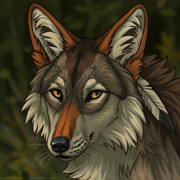 accessory ambiguous_feral ambiguous_gender black_nose blurred_background brown_body brown_fur cheek_tuft facial_tuft feather_in_hair feral fur glistening glistening_eyes hair hair_accessory looking_at_viewer loose_feather mouth_closed neck_tuft orange_eyes outside solo text tuft whiskers white_body white_fur heatherwolf canid canine canis coyote mammal 1:1 hi_res url