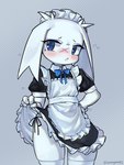4_fingers anthro blue_eyes blush blush_lines bodily_fluids bottomwear bow_ribbon clothed clothing clothing_lift dotted_background eyebrows facial_scar female fingers flat_chested floppy_ears frilly frilly_clothing frown fur hand_on_hip heart_symbol legwear looking_away maid_headdress maid_uniform mouth_closed panty_peek pattern_background scar simple_background skirt skirt_lift solo stockings string_bow sweat thick_thighs uniform white_body white_fur x_scar gomogomo cave_story sue_sakamoto lagomorph mammal mimiga 2025 portrait three-quarter_portrait watermark