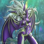 anthro big_ears breasts female fondling green_nipples hair hand_on_breast holding_breast holidays long_hair looking_at_viewer markings messy_hair nipples presenting red_eyes self_fondle solo standing theme wings vrabo halloween unknown_species 1:1 2019 absurd_res hi_res