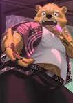 anthro bottomwear brown_body brown_fur brown_nose clothing electronics fur humanoid_hands kemono male microphone overweight overweight_male pants shirt solo topwear suro964708 crave_saga gabu_(crave_saga) bear mammal 2023 absurd_res hi_res