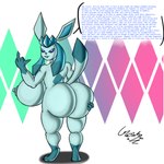 1:1 anthro big_breasts big_butt big_ears blue_body blue_eyes blue_inner_ear blue_nipples blue_sclera breasts butt copypasta crown_(artist) diamond_background digital_media_(artwork) eeveelution english_text female fingers generation_4_pokemon genitals gesture glaceon hand_gesture hi_res huge_breasts looking_at_viewer meme middle_finger nintendo nipples nude pokemon pokemon_(species) profanity rear_view short_stack simple_background solo standing text thick_thighs vaporeon_copypasta