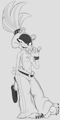 anthro areola barbell_piercing barefoot black_nose bottomwear bracelet candy clothed clothing dessert ear_piercing eyelashes facial_markings feet female food front_view gloves grey_background handwear head_markings holding_candy holding_food holding_lollipop holding_object jewelry lollipop long_eyelashes looking_at_viewer markings navel navel_piercing nipple_piercing nipples pants piercing ring simple_background solo studded_bracelet studded_jewelry studs thong_straps topless naughtikel idw_publishing sega sonic_the_hedgehog_(comics) sonic_the_hedgehog_(idw) sonic_the_hedgehog_(series) surge_the_tenrec afrosoricid mammal tenrec hi_res monochrome