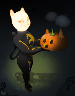anthro breasts clothing costume dark female food for_a_head fruit fur glowing glowing_body glowing_fur grass holding_object looking_at_viewer markings mouser_(yellowracc) night plant pumpkin pumpkin_head skeleton_(marking) solo standing tail yellowracc epic_games fortnite idle spice_(fortnite) animal_humanoid cat_humanoid domestic_cat felid felid_humanoid feline feline_humanoid felis humanoid mammal mammal_humanoid object_head hi_res