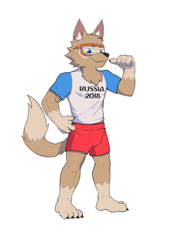 anthro athletic athletic_anthro athletic_male barefoot blue_clothing blue_eyes bottomwear claws clothing cute_fangs eyebrows eyewear fangs feet fluffy football_jersey fur gesture glasses hand_gesture inner_ear_fluff looking_at_viewer male mascot multicolored_body orange_eyewear orange_glasses pointing pointing_at_self red_bottomwear red_clothing shorts simple_background smile snout soccer_jersey solo tail tan_body tan_fur teeth text topwear tuft two_tone_body white_background white_clothing zendir fifa zabivaka canid canine canis mammal wolf hi_res