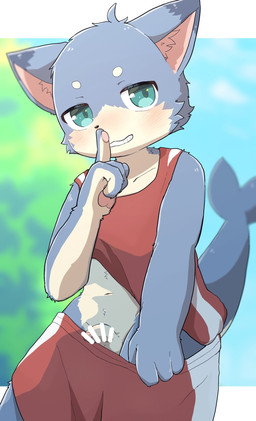 anthro balls blush bottomwear censored_genitalia censored_penis clothing countershading genitals green_eyes hand_pawpads humanoid_genitalia humanoid_penis kemono looking_at_viewer male penis pulling_pants_down red_bottomwear red_clothing red_shirt red_shorts red_tank_top red_topwear shirt shorts shush smile solo sportswear tank_top topwear young young_anthro young_male shibireru hybrid mammal 2025 censored hi_res japanese_description young_(lore)
