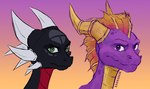 2_horns duo female green_eyes horn male multi_horn purple_eyes simple_background xannador activision mythology spyro_the_dragon the_legend_of_spyro cynder spyro dragon mythological_creature mythological_scalie scalie 2021 dated digital_media_(artwork) signature