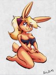 bandanna bottomless breasts bun_butts clothed clothing female freckles fur hair hi_res kerchief lagomorph leporid looking_at_viewer mammal orange_body orange_fur pinup pose rabbit simple_background smile solo suggestive
