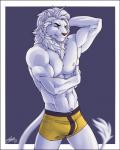 5_fingers abs anthro biceps briefs bulge clothed clothing eyebrows fingers green_eyes hair half-closed_eyes hand_behind_head male mane muscular muscular_anthro muscular_male narrowed_eyes neck_tuft nipples pink_nose solo standing topless tuft underwear white_body white_hair white_skin feralise felid lion mammal pantherine 2018