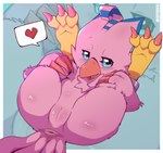 3_toes ankle_cuffs anthro anus avian avian_feet bandai_namco beak biyomon blue_sclera border chest_tuft claws cuff_(restraint) digimon digimon_(species) feathered_crest feathers feet female flat_chested flexible fur genitals head_crest heart_symbol hi_res holding_leg kappadoggo legs_behind_head legs_up looking_at_viewer looking_up lying nude on_back outside_border pink_beak pink_body pink_claws pink_fur presenting presenting_anus presenting_pussy pussy restraints soles tail tail_anus tail_feathers thick_thighs toe_claws toes tuft white_border wide_hips