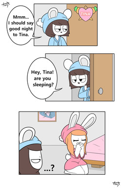 anthro bed blue_clothing blue_pajamas brown_hair clothing dialogue door duo eyelashes female furniture hair kneeling male orange_hair pajamas pink_clothing pink_pajamas praying_hands short_tail speech_bubble tail text tonytoran tina_(tonytoran) tony_(tonytoran) chinchilla chinchillid lagomorph leporid mammal rabbit rodent 2:3 comic hi_res