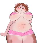 2024 anthro anutka belly big_breasts biped blush bodily_fluids bottomwear breasts brown_eyes brown_hair camel_toe canid canine canis clothing digital_media_(artwork) domestic_dog female female_anthro folded_ears hair hotpants mammal navel nipple_outline open_mouth pink_bottomwear pink_clothing pink_hotpants pink_shorts portrait shorts simple_background slightly_chubby slightly_chubby_anthro slightly_chubby_female solo sophie_(anutka) standing sweat three-quarter_portrait tight_bottomwear tight_clothing tight_shorts white_background