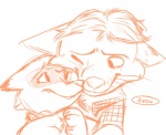 anthro clothed clothing duo ears_back hug male male/male nuzzling one_eye_closed pivoted_ears size_difference smile whiskers ahappypichu-mod disney zootopia gideon_grey travis_(zootopia) black-footed_ferret canid canine fox mammal mustelid musteline red_fox true_fox true_musteline weasel 2016 monochrome orange_and_white