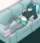 2019 abby_(rainbowsprinklesart) absurd_res anthro aroused black_clothing black_topwear blush bodily_fluids bottomwear braces breasts buckteeth cellphone clothed clothing electronics female fully_clothed furniture genital_fluids green_bottomwear green_clothing hi_res holding_object holding_phone lying lying_on_sofa mammal mouse murid murine nipple_outline on_back on_sofa phone pussy_juice_through_clothing rainbowsprinklesart rodent shorts small_breasts sofa solo teeth topwear up_and_over vaginal_fluids wet wet_clothing