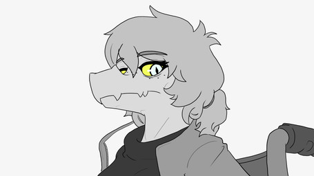 anthro biped black_clothing black_shirt black_topwear breasts clothed clothed_anthro clothed_female clothing disability eyebrow_through_hair eyebrows female freckled_face freckles grey_background grey_eyes hair jacket long_hair looking_at_viewer looking_down neutral_expression non-mammal_breasts paraplegic shirt simple_background sitting solo three-quarter_view topwear translucent translucent_hair vehicle wheelchair yellow_sclera areloch cavemanon_studios i_wani_hug_that_gator olivia_halford baryonyx dinosaur prehistoric_species reptile saurischian scalie spinosaurid theropod 16:9 2024 4k absurd_res bust_portrait hi_res portrait spot_color widescreen