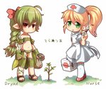 blonde_hair blush braided_hair clothed clothing duo eyebrow_through_hair eyebrows female fist footwear green_eyes green_hair hair holding_object humanoid_pointy_ears legwear navel not_furry open_mouth plant pointy_ears ponytail red_eyes sandals shoes socks standing syringe translucent translucent_hair crab_man_(artist) terraria dryad_(terraria) nurse_(terraria) human humanoid mammal