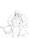 abs alexzandr_sokolov anthro balls biceps broad_shoulders canid canine canis clenched_teeth crotch_tuft eyebrows flaccid flexing genitals hair hands_on_hips hi_res long_hair male mammal mikeknight19 monochrome muscular muscular_thighs nipples nude pecs penis sitting sketch solo teeth tuft wolf