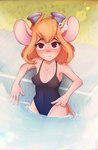 anthro blonde_hair blush breasts clothed clothing eyewear eyewear_on_head female goggles goggles_on_head hair looking_at_viewer medium_breasts one-piece_swimsuit pink_nose question_mark simple_background solo swimwear dof chip_'n_dale_rescue_rangers disney gadget_hackwrench mammal mouse murid murine rodent digital_media_(artwork) hi_res