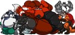 4_toes 5_toes anthro balls belly big_balls big_belly big_bulge big_muscles big_pecs big_penis black_body black_fur black_hair black_penis blue_hair bulge chest_tuft countershading crossed_arms dessert eyes_closed eyewear feet fist flexing food french_braid fur genitals glasses grin group hair holding_object horn huge_balls huge_belly huge_bulge huge_muscles huge_pecs huge_penis hyper hyper_balls hyper_belly hyper_bulge hyper_genitalia hyper_muscles hyper_pecs hyper_penis ice_cream male male/male musclegut muscular nipple_piercing nipples pecs penis piercing plantigrade simple_background size_difference smile standing toes tuft white_background white_body white_countershading fierglief ark_noir_(character) fierglief_(character) swaggy tyrse canid canine canis demon felid feline fox hybrid mammal wolf 2019 hi_res