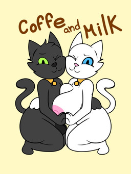 anthro balls big_breasts big_butt black_body black_fur black_nose black_tail blue_sclera breasts butt collar duo female feral fur genitals green_sclera hug huge_breasts male male/female nipples one_eye_closed pink_nose simple_background tail text thick_thighs white_body white_fur white_tail yellow_background yellow_collar badtoons coffe_the_cat_(badtoons) milk_the_cat_(badtoons) domestic_cat felid feline felis mammal 3:4 english_text hi_res