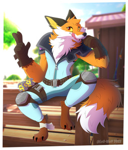 5_fingers anthro border bottomwear building clothing digitigrade fence fingers fluffy male outside pants sitting_on_fence solo text tongue tongue_out topwear white_border year leo-wolf epic_games fortnite fennix_(fortnite) canid canine fox mammal red_fox true_fox 2023 absurd_res artist_name digital_media_(artwork) hi_res