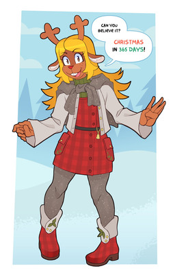 anthro buckteeth eyelashes female freckled_face freckles happy holidays long_eyelashes looking_at_viewer outside smile solo speech_bubble teeth text winter ponehanon christmas deltarune undertale_(series) noelle_holiday deer mammal english_text hi_res