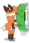 anatomically_correct anatomically_correct_genitalia anthro apple appliance balls black_nose bodily_fluids breath brown_body brown_ears brown_fur ear_piercing ejaculation ejaculation_while_penetrating food fridge fruit fur genital_fluids genitals green_slime hair kitchen_appliance male nude orange_body orange_fur penis penis_in_slime piercing plant simple_background slime slime_sex solo storage_device tail tongue tongue_out white_body white_fur white_inner_ear white_toes oapakorgs canid canine fox mammal 2025 digital_drawing_(artwork) digital_media_(artwork) hi_res