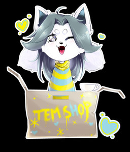 ahoge armless blue_clothing blue_sweater blue_topwear blush box cardboard cardboard_box clothed clothing container cup fully_clothed grey_hair hair heart_symbol in_box in_container one_eye_closed open_mouth outline pattern_clothing pattern_sweater pattern_topwear side_view solo sparkles sparkling_eyes striped_clothing striped_sweater striped_topwear stripes sweater tea_cup topwear white_body white_outline wink undertale undertale_(series) temmie_(undertale) mammal tem digital_media_(artwork) half-length_portrait hi_res portrait