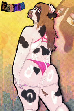 anthro bedroom_eyes bikini butt clothing ear_piercing ear_tag female humanoid_hands looking_back narrowed_eyes oiled_body piercing seductive slightly_chubby slightly_chubby_female solo swimwear two-piece_swimsuit benzfur bovid bovine cattle mammal hi_res