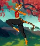 anthro big_butt bottomwear butt china clothing cocaine-leopard conditional_dnp dreamworks felid female happy kung_fu kung_fu_panda long_legs looking_at_viewer mammal master_tigress on_one_leg outside pantherine pants plant pose rear_view smile solo standing thick_thighs tiger tight_clothing tree